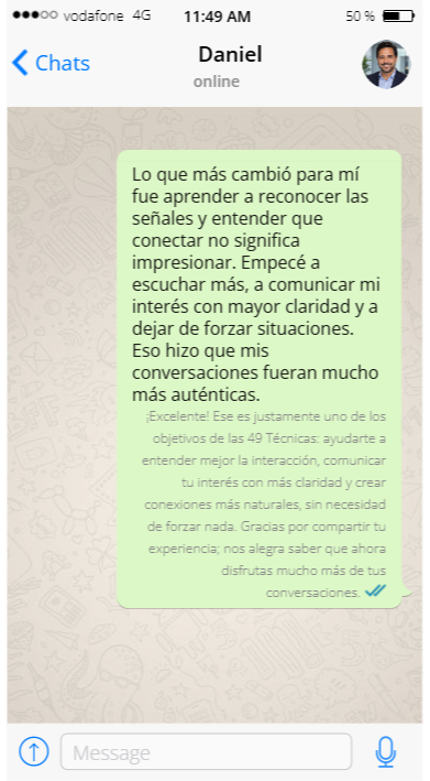 Testimonio real de Daniel por WhatsApp: aprendió a reconocer señales, escuchar más y dejar de forzar situaciones para tener conversaciones más auténticas
