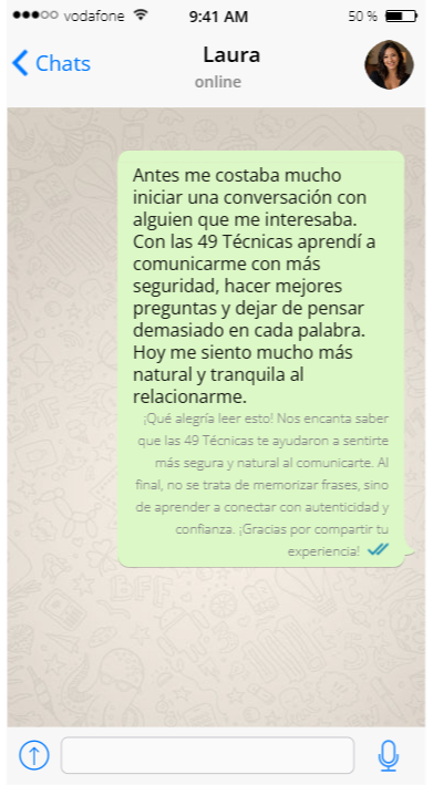 Testimonio real de Laura por WhatsApp: antes le costaba iniciar conversaciones, ahora se siente más natural y tranquila al relacionarse